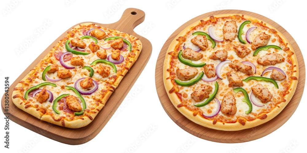 Round and rectangular chicken pizzas with green peppers and red onions. Round and rectangular chicken pizzas with green peppers and red onions.