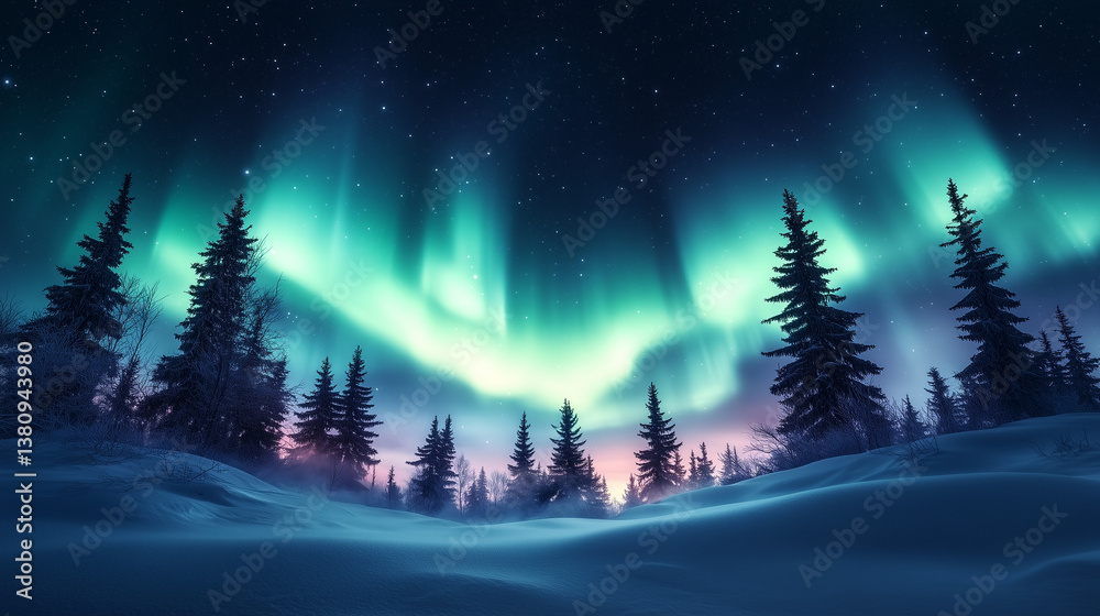 Fototapeta premium Forêt Enchantée sous l'Aurore Boréale