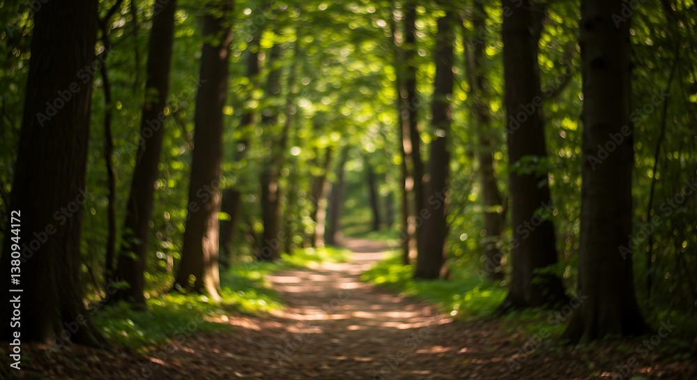 Sun-dappled forest path, tall trees framing a blurred, inviting trail through the woods. Sun-dappled forest path, tall trees framing a blurred, inviting trail through the woods.