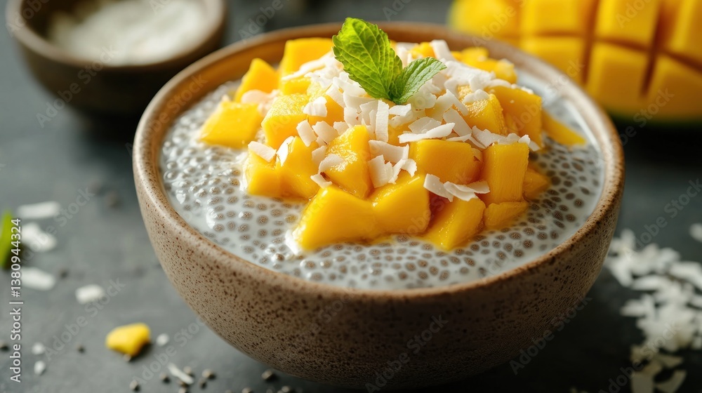 Exotic Coconut Chia Pudding with Mango and Coconut Flakes for Refreshment