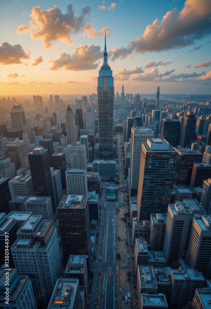 Obraz premium Aerial drone shot of a modern city skyline at dusk, with golden sunlight reflecting off skyscrapers and winding streets contrasting with sleek architecture Generative AI