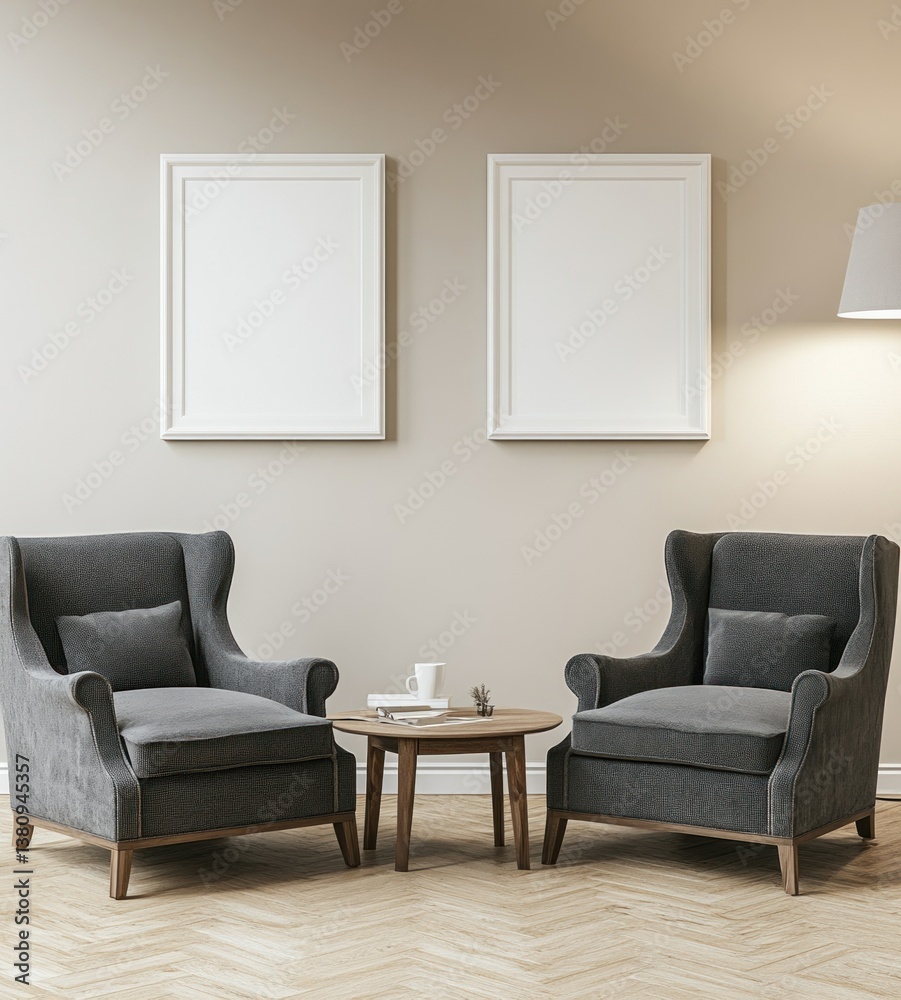 Two armchairs face each other across a small round table in a minimalist living room. Two armchairs face each other across a small round table in a minimalist living room.
