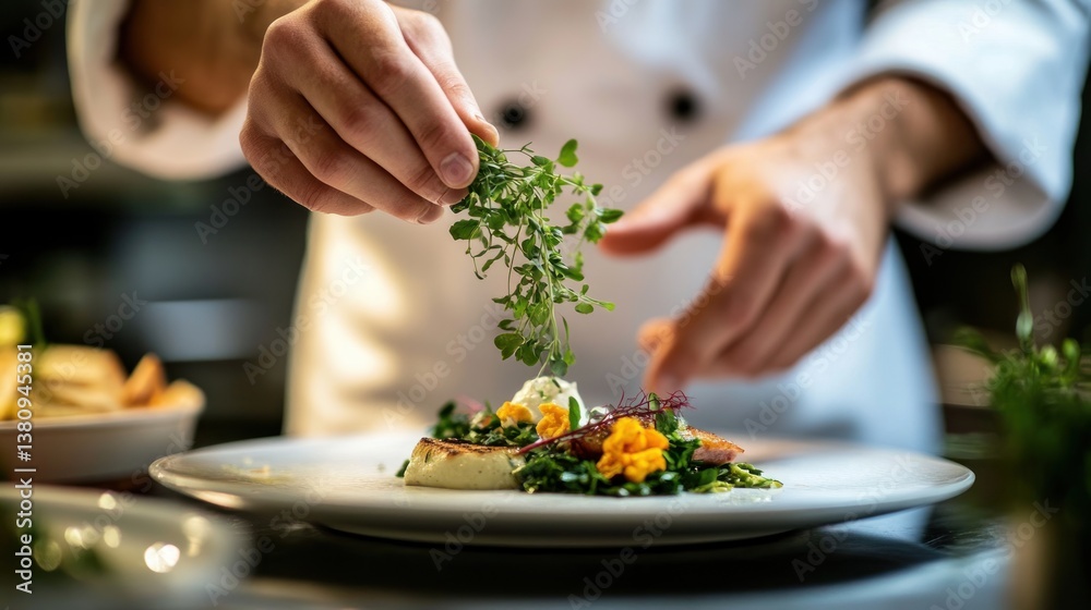 Elegant culinary creation: Chef garnishing a gourmet dish with fresh herbs