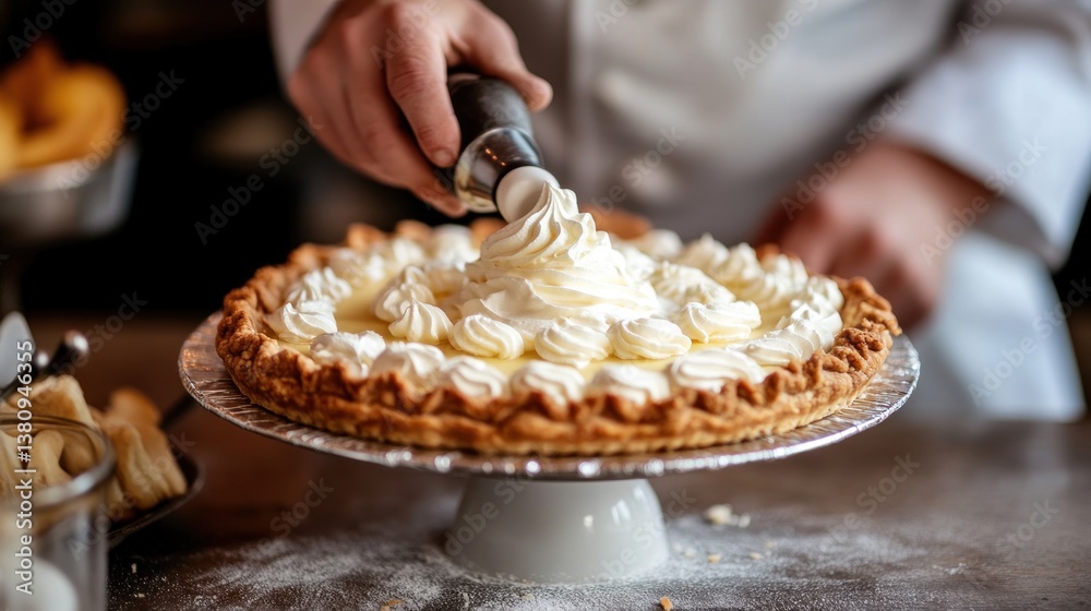 A pastry chef decorates a lemon pie with piped whipped cream on a cake stand