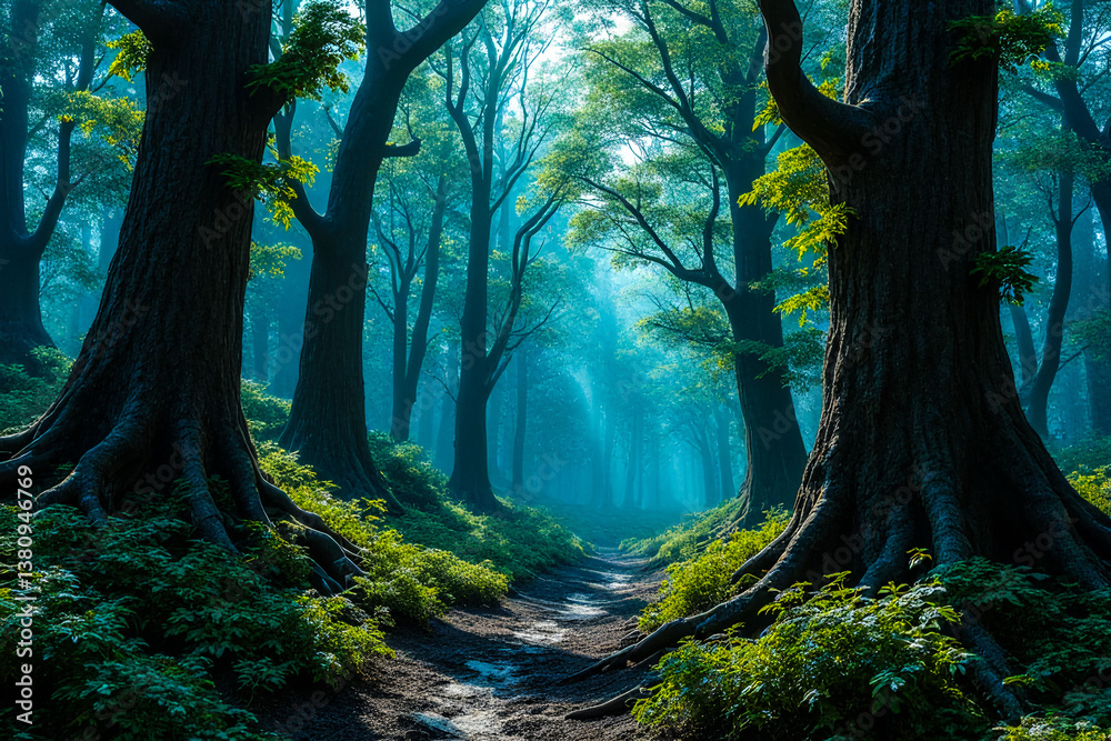 Naklejka premium A forest with trees and a path. The trees are tall and green, and the path is surrounded by bushes. Scene is peaceful and serene, as the viewer is surrounded by nature and the sounds of the forest