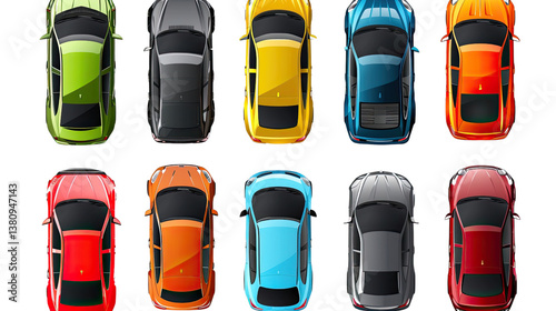 Colorful Car Parade: A vibrant array of top-down perspective, showcasing a diverse collection of vehicles in various vivid colors.
