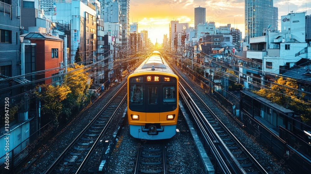 Obraz premium Sunset Train Ride Through Urban Japan: A Golden Hour Journey