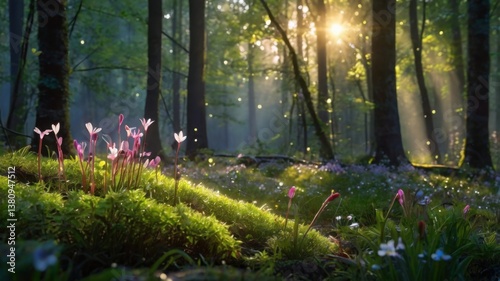 Beautiful firefly in the night at nature forest. Spring banner, spring update concept