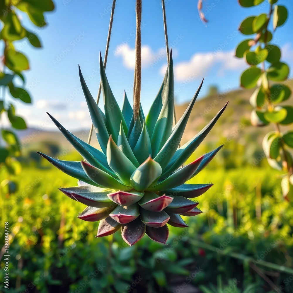 Obraz premium Hanging aloe vera succulent, thick stem, round leaves, greenery landscape, image, aloe vera, vibrant