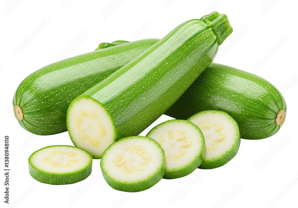 Two fresh green zucchinis with several round slices isolated on transparent background Two fresh green zucchinis with several round slices isolated on transparent background