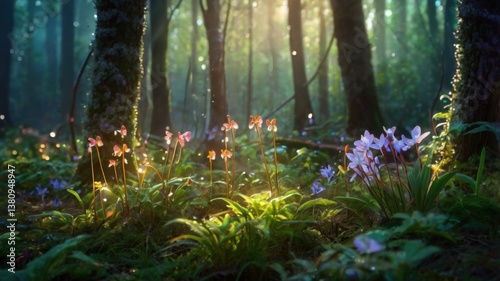 Beautiful firefly in the night at nature forest. Spring banner, spring update concept