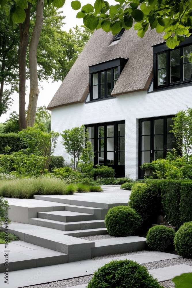 Fototapeta premium Elegant modern house with landscaped garden featuring lush greenery and unique stepping stone design in a serene outdoor setting