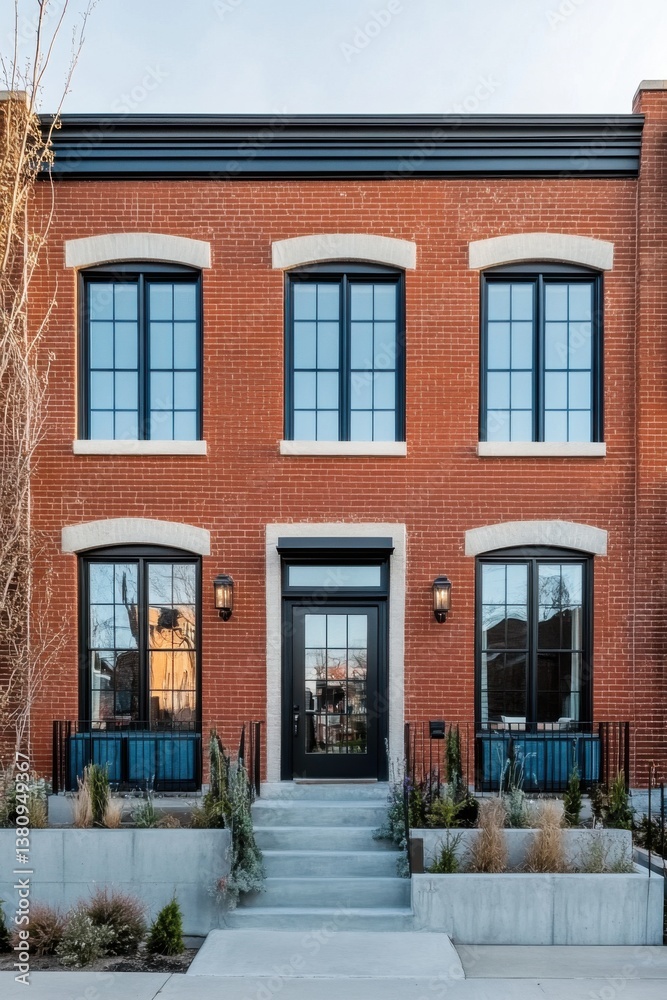 Modern brick townhouse with large windows and landscaped front yard situated on a quiet street in an urban area during the late afternoon Modern brick townhouse with large windows and landscaped front yard situated on a quiet street in an urban area during the late afternoon