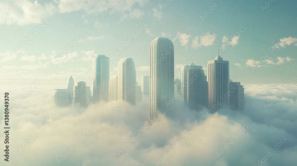 Serene cityscape emerges above a sea of clouds, revealing architectural elegance
