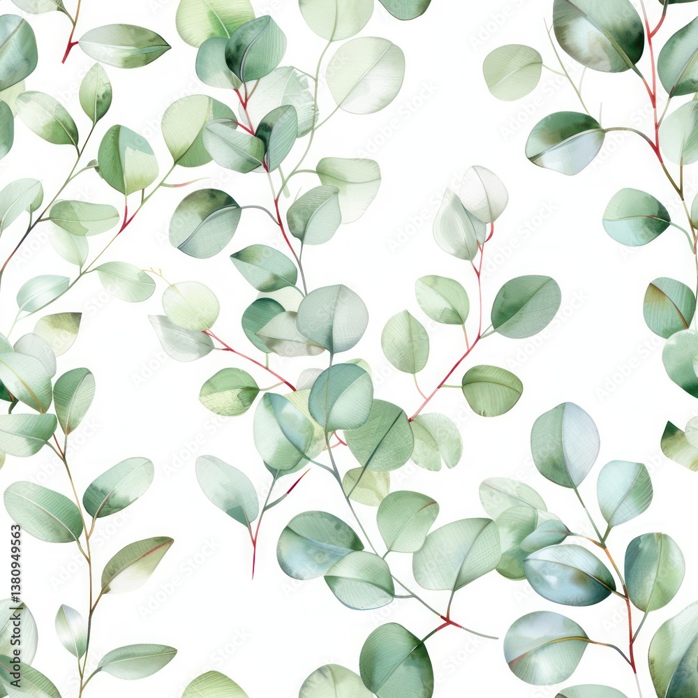 Seamless pattern of eucalyptus leaves, soft watercolor strokes, delicate green hues against a white background botanical wallpaper.
