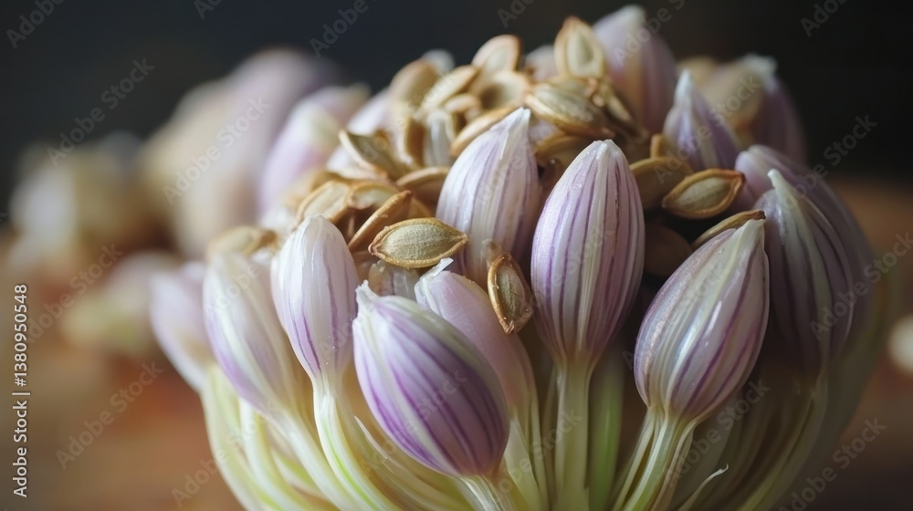 Macro of delicate allium flower buds crowned with toasted pumpkin seeds, freshness