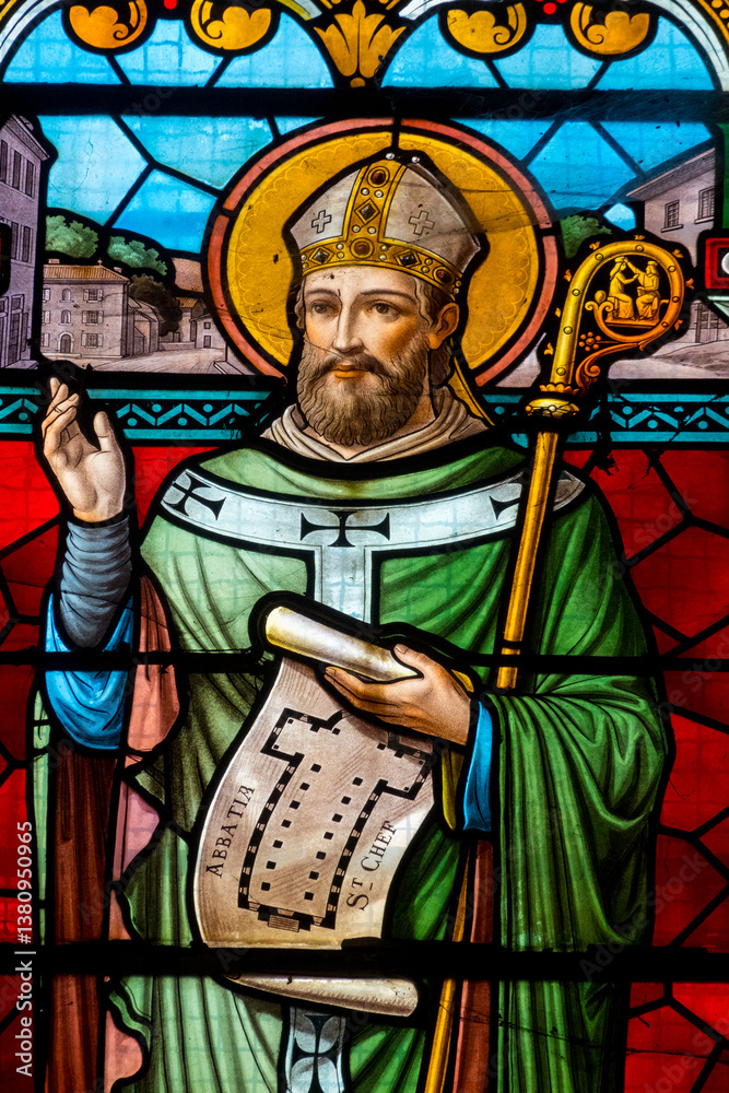 Fototapeta premium Stained glass (1912) of Saint Thibaut. Catholic Saint.