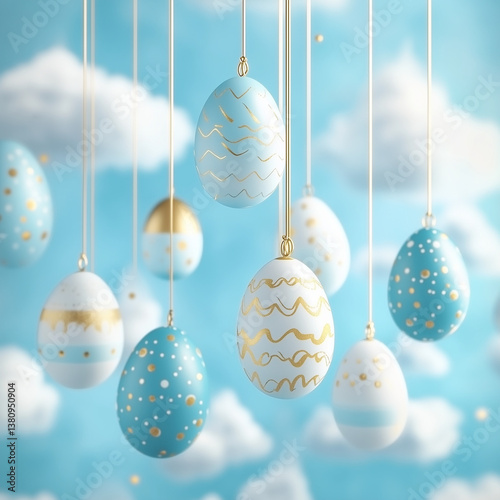 Happy Easter greeting card with golden easter egg on blue background whith sparkle