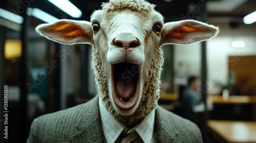 A surreal depiction of a businessman with a sheep's head, highlighting the juxtaposition of humanity and animalistic traits in a corporate environment, creating intrigue.