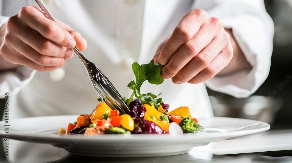Elegant plating: Chef adds fresh herbs to vibrant vegetable dish for gourmet dining