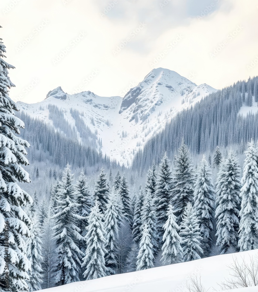 Fototapeta premium Untouched snow blankets a pristine winter forest, frosted peaks rise under a pale sky, mountains, wilderness, snow