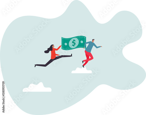 People carry money dollar banknote metaphor of capital, salary or income, wages to pay and purchase value, banking and investment,character for design.