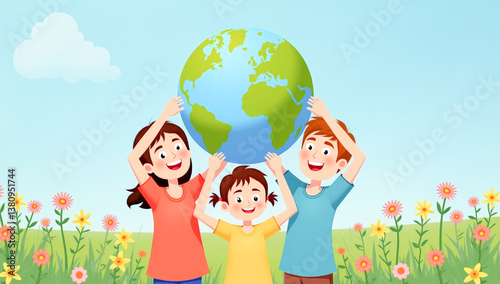 A happy family in a field holds a model of the globe above its head against a blue sky background