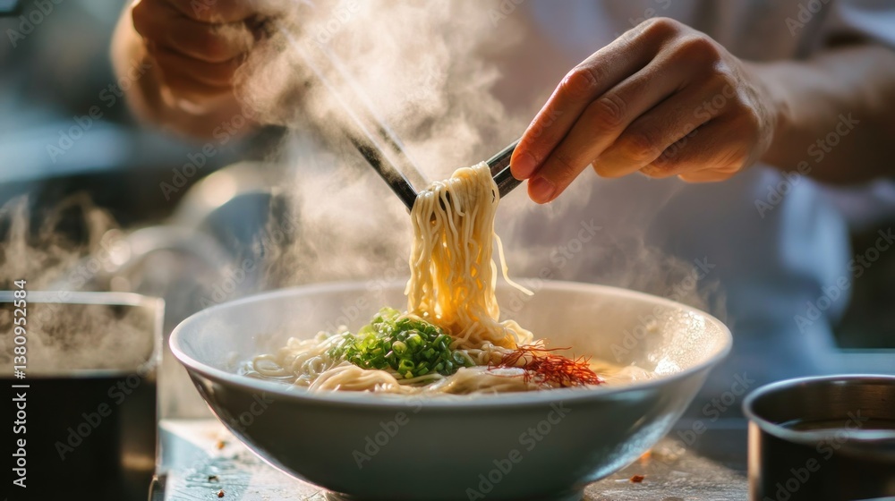 Chef garnishing steaming bowl of delicious ramen noodle soup with fresh ingredients