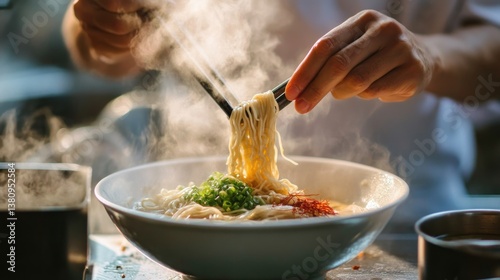 Obraz na płótnie Chef garnishing steaming bowl of delicious ramen noodle soup with fresh ingredients w salonie
