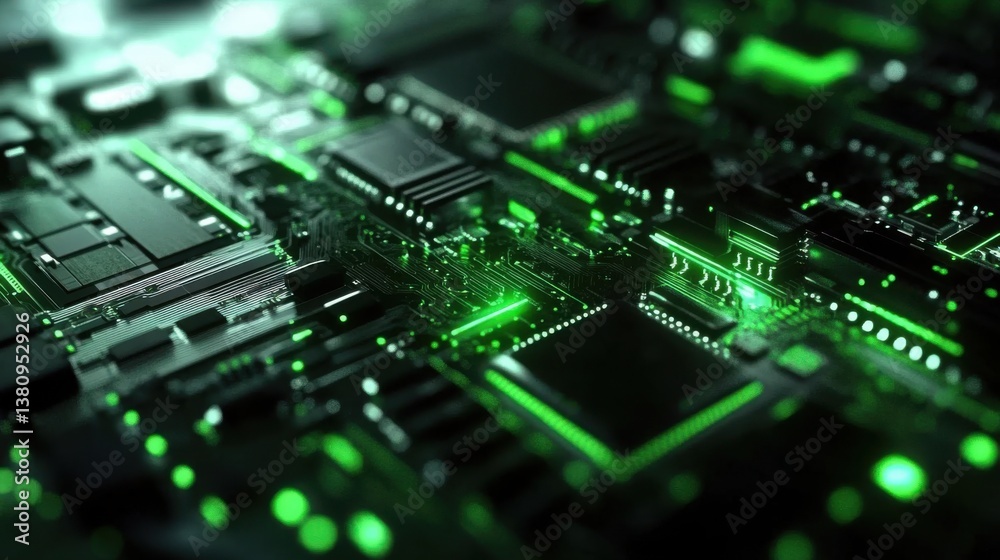 A close-up of an advanced circuit board with glowing green circuits- representing the future and high-tech elements in digital design and technology. A close-up of an advanced circuit board with glowing green circuits- representing the future and high-tech elements in digital design and technology.