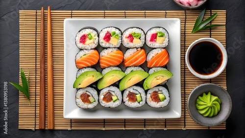 Elegant arrangement of assorted sushi rolls with fresh ingredients on a white plate, complemented by soy sauce and condiments