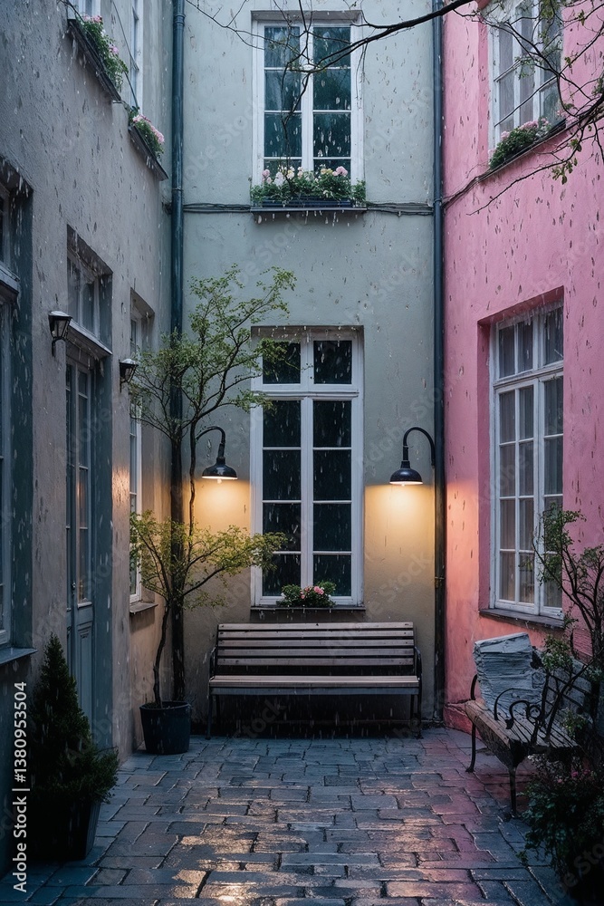 Fototapeta premium Charming courtyard with a bench under the rain and soft lighting 