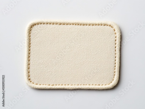 Blank beige fabric label, stitched edges, white background, mockup