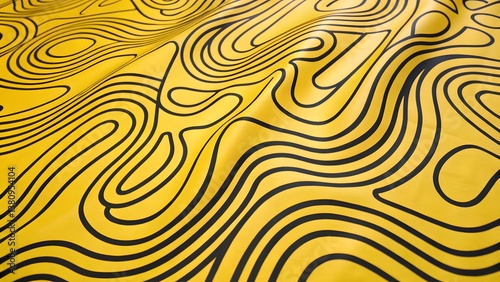 Abstract wavy black lines forming dynamic curvilinear patterns on a vibrant yellow surface, creating a sense of depth and movement