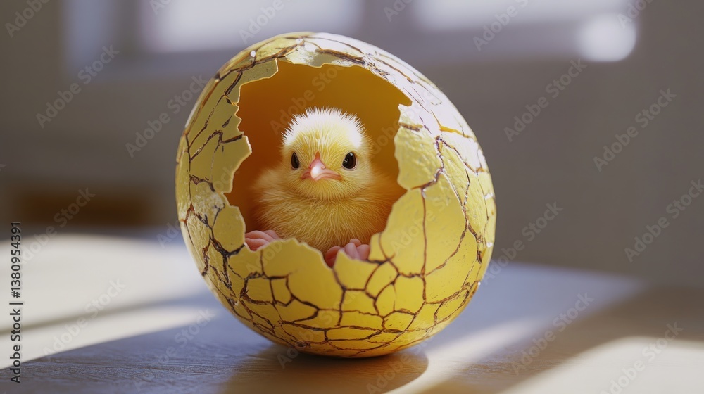Tiny Chick Hatching From Cracked Eggshell in Gentle Sunlight