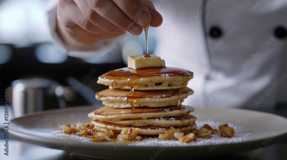 A culinary artist carefully stacks pancakes, a sweet buttery treat awaits, inviting indulgence