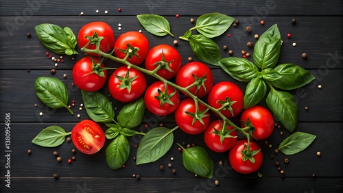 Ripe red tomatoes on the vine with fresh basil leaves and peppercorns on a rustic wooden surface