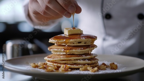 Obraz na płótnie A culinary artist carefully stacks pancakes, a sweet buttery treat awaits, inviting indulgence w salonie
