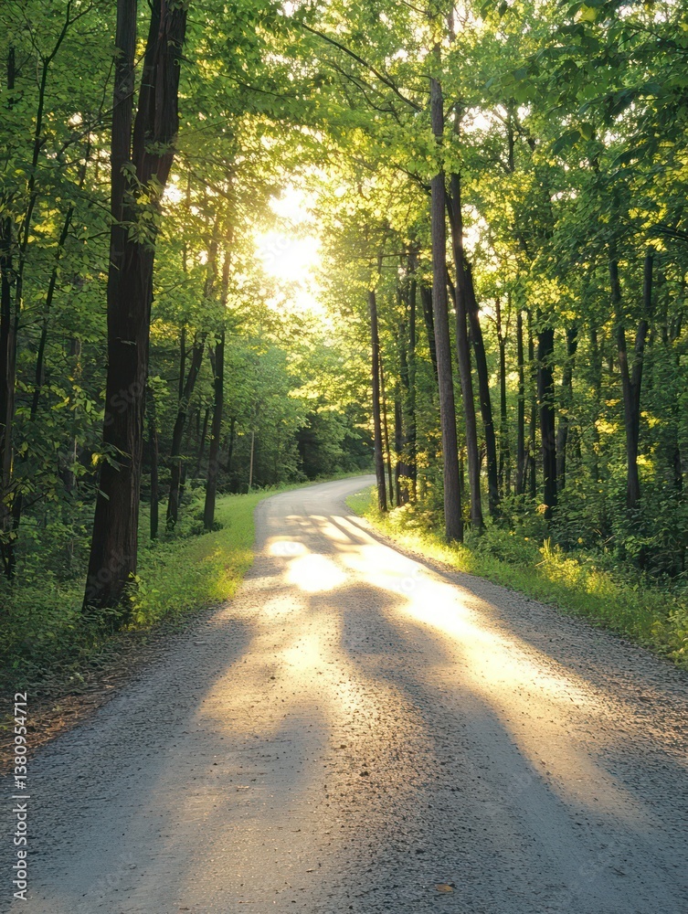 Obraz premium A sunlit path through a dense, green forest, creating a serene and inviting scene. The sunlight streams through the trees