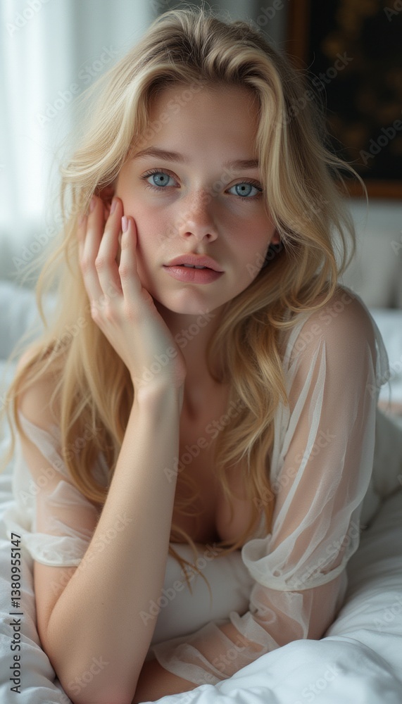 This enchanting image features a beautiful young woman with striking blue eyes, resting her chin on her hand in a soft, dreamy setting. The gentle light cascading through sheer curtains highlights her This enchanting image features a beautiful young woman with striking blue eyes, resting her chin on her hand in a soft, dreamy setting. The gentle light cascading through sheer curtains highlights her