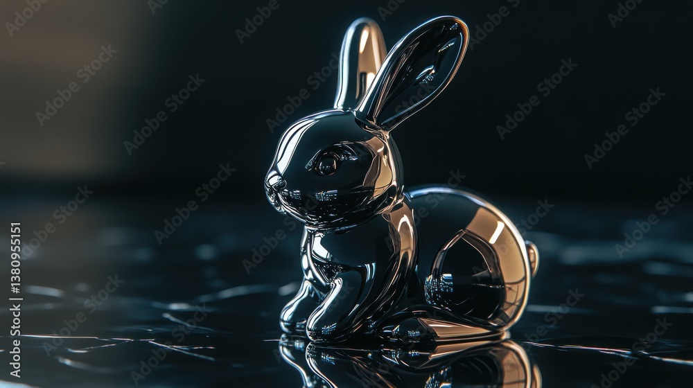 Modern metallic easter bunny sculpture with glossy finish on marble surface