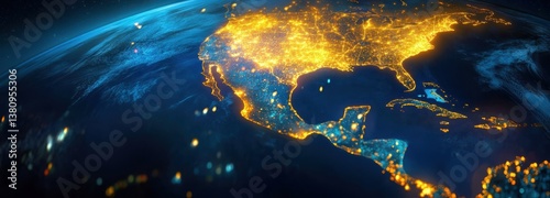 Map of the North American continent with glowing lights in yellow and orange- representing bustling city activity at night- with Earth's blue surface in background.