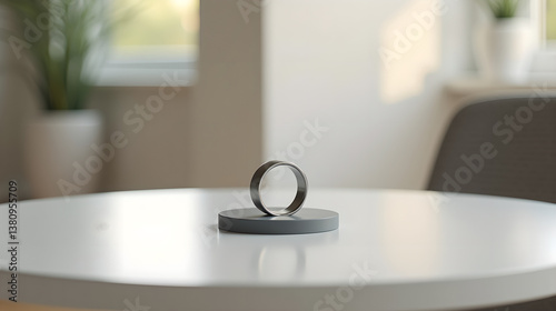 metal ring sculpture on base under spotlight
 photo