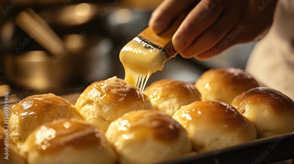 Chef meticulously brushing golden melted butter over a batch of freshly baked rolls