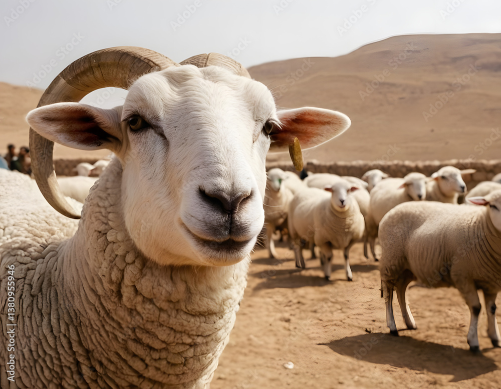 Obraz premium sheep in a field, Muslim sacrifice animal, Eid al-Adha, Muslim festival