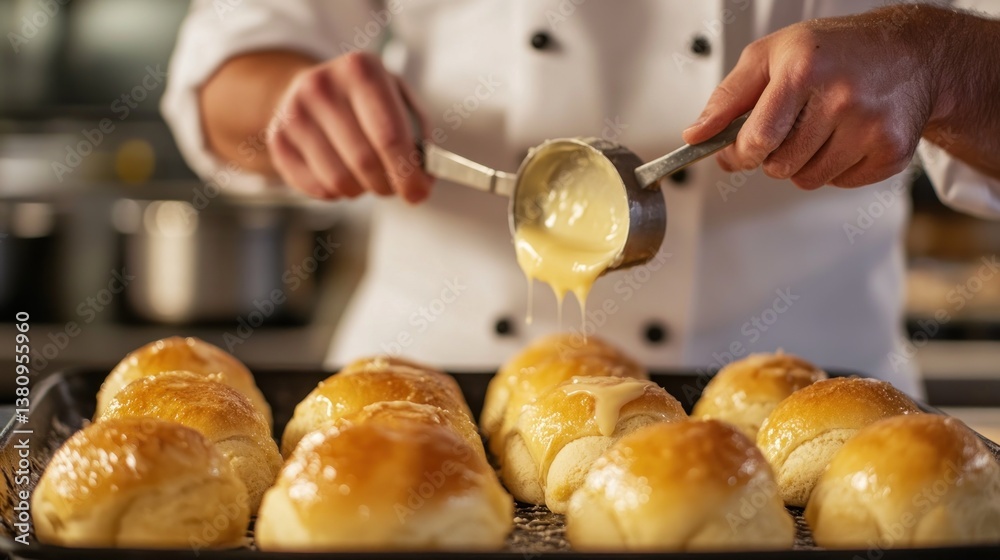 Chef glazing golden buns with luscious butter, enhancing their glossy sheen