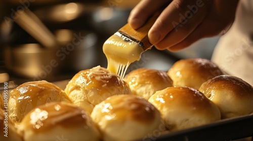 Obraz na płótnie Chef meticulously brushing golden melted butter over a batch of freshly baked rolls w salonie
