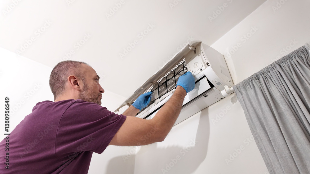 Man cleaning and maintaining air condition unit at home.