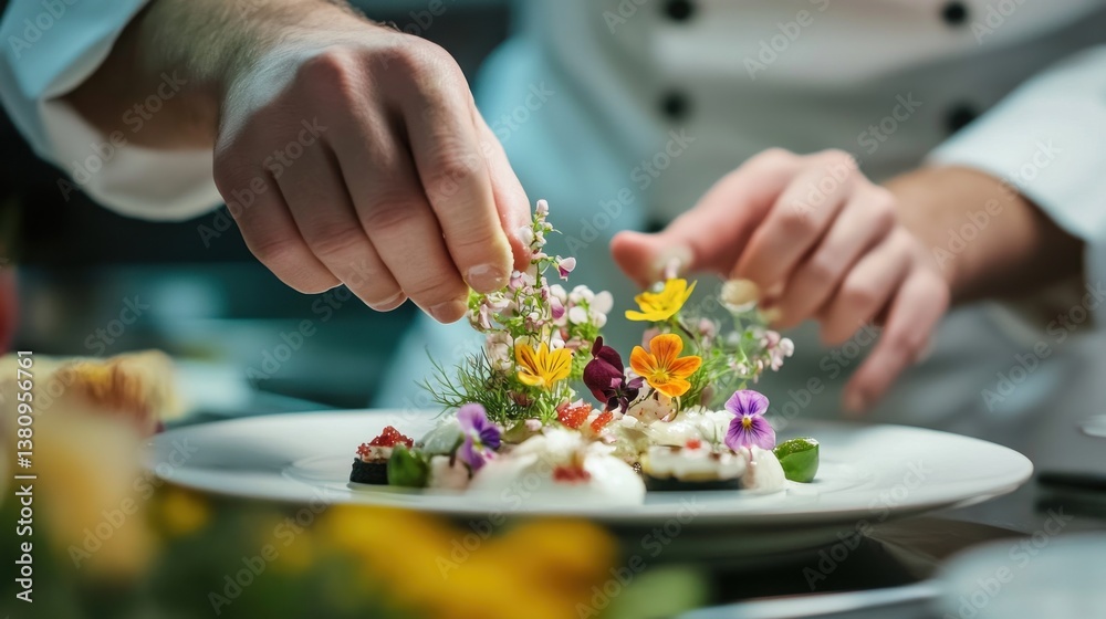 Artistic gastronomy a chef's touch adorns dish with delicate edible flowers