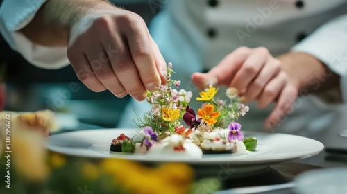Obraz na płótnie Artistic gastronomy a chef's touch adorns dish with delicate edible flowers w salonie